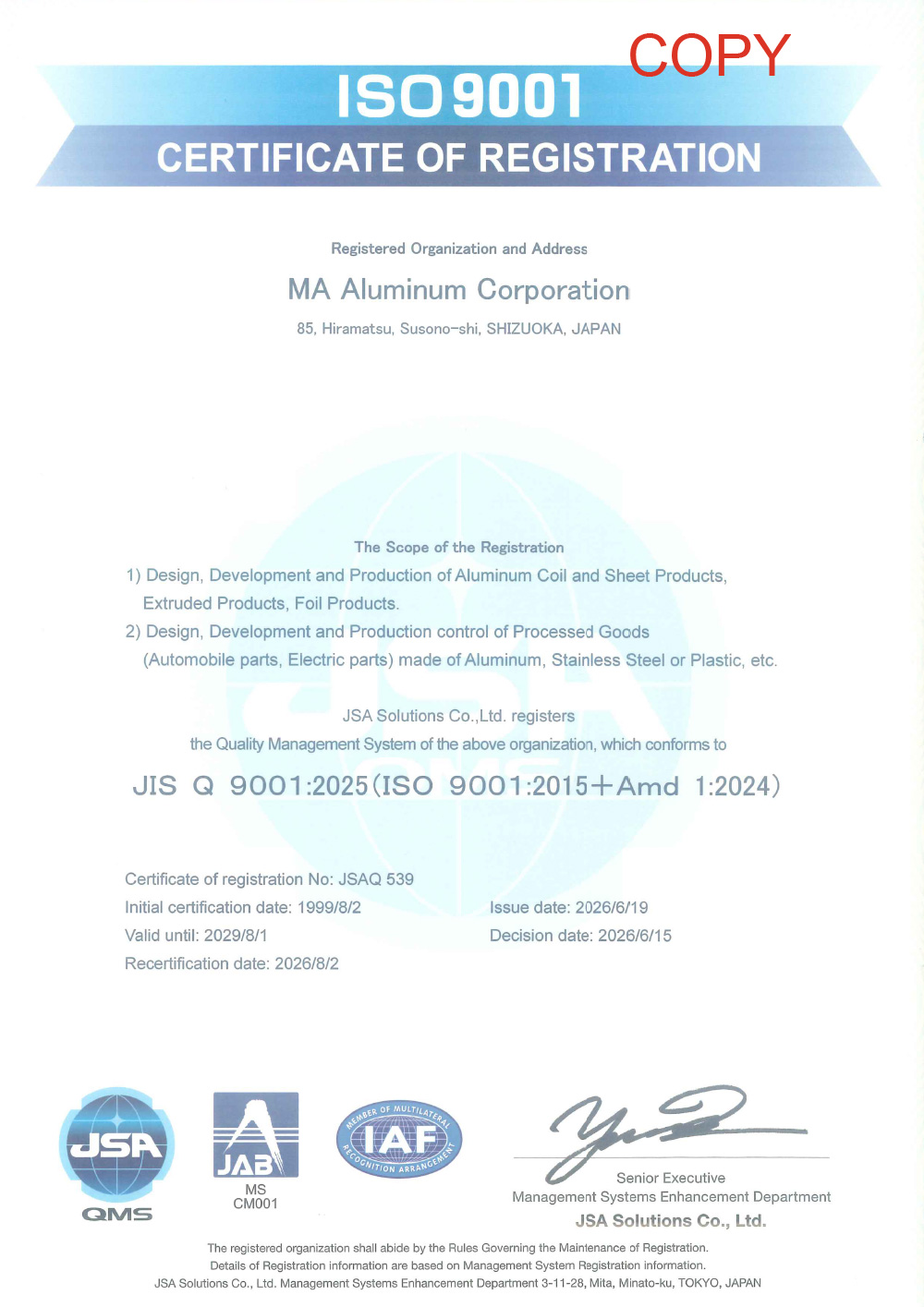 ISO 9001 CERTIFICATE OF REGISTRATION